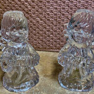 Lead Crystal Clear Angels w/ Accordions Figurines/Wine Bottle Toppers